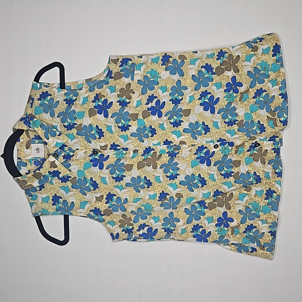 CAbi Blue Floral Sleeveless Collared Button Up Blouse Peplum Ruffle Size Small